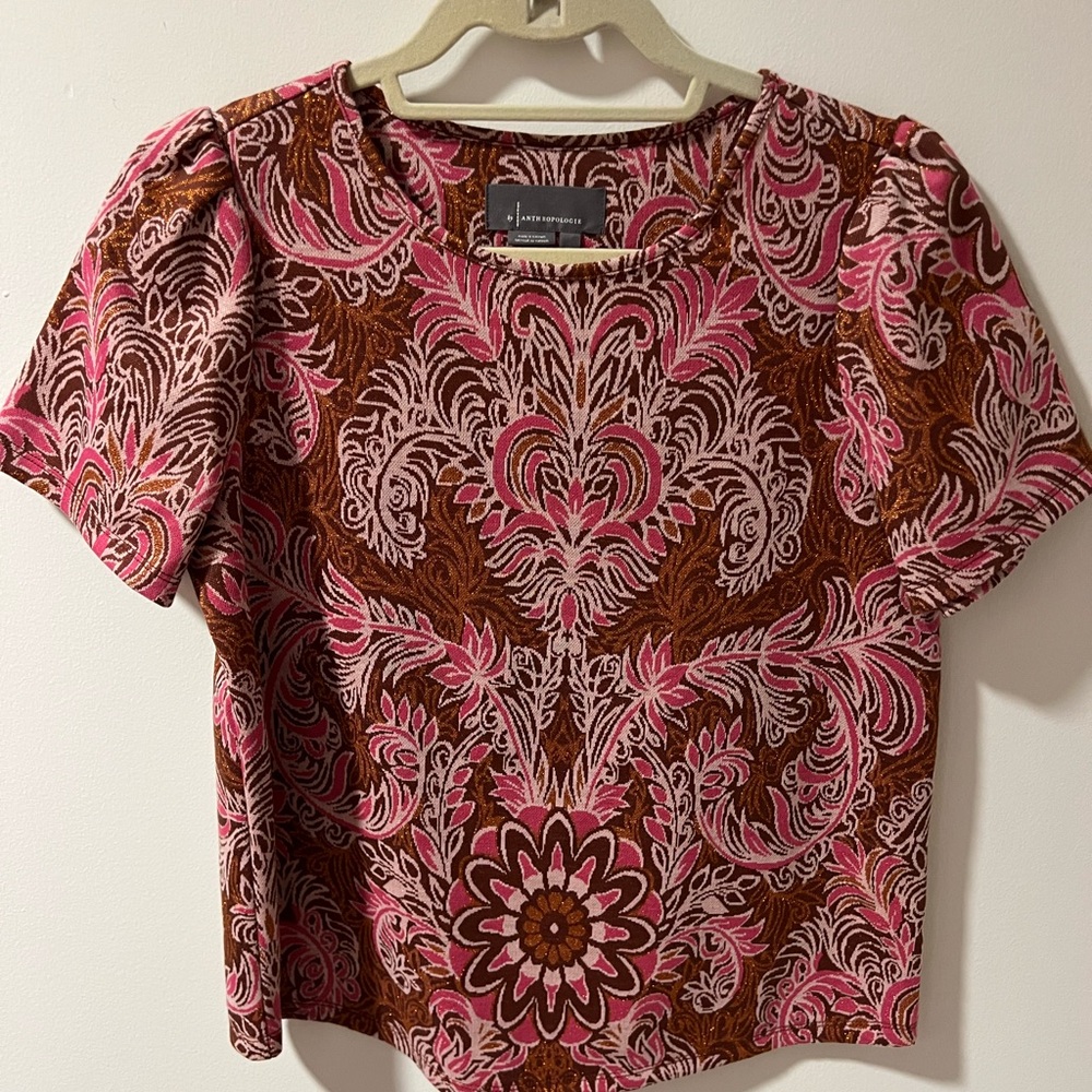 Anthropologie Pink and Brown Patterned Women's Top